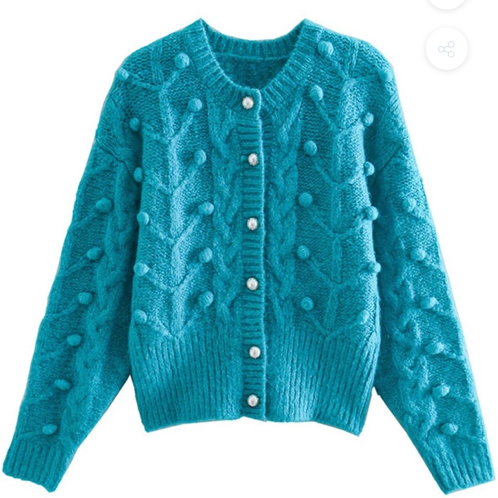 Zara Turquoise Pearl Button Sweater Cardigan NWT Size Small